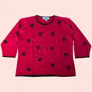 90’s Cathy Daniels Red Sweater with Black Embroidered Swirls